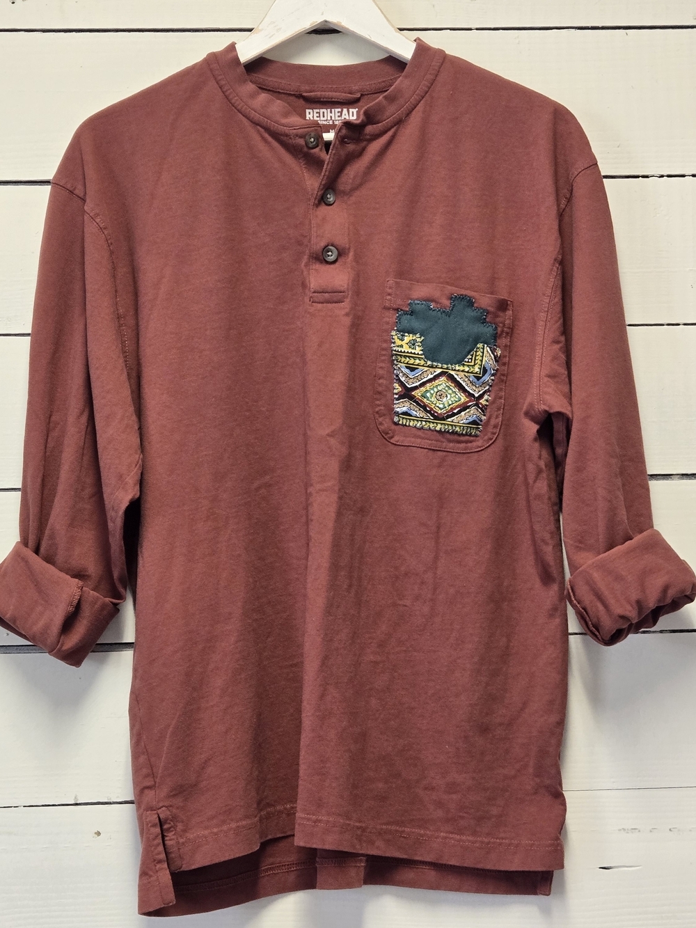 Upcycled RedHead Men's Rust Long-Sleeve Henley with French Fry Chest Pocket